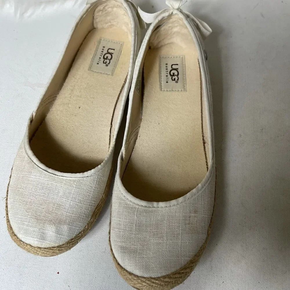 UGG Ivory linen ballet espadrilles flats round toe with lace ribbons bow…